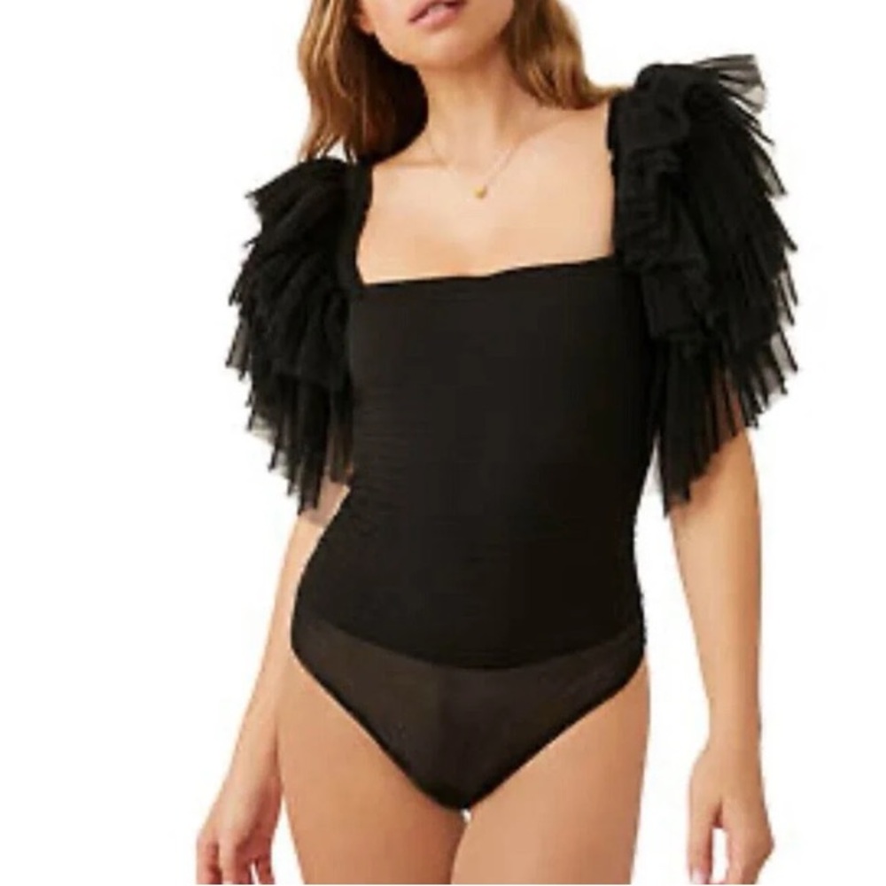 Free People Intimately Kill The Lights Bodysuit Black Tulle Ruffle Sleeve